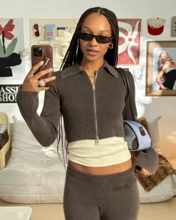 Nude Project First Class Zip-Up Knit Cardigan Brown Hot