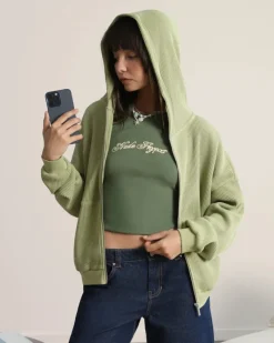 Nude Project Global Soon Waffle Zip-Up Hoodie Green Clearance