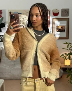 Nude Project Gradient Zip-Up Knit Hoodie Brown Outlet