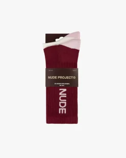 Nude Project Logo Socks White/Burgundy 2Xpack Clearance
