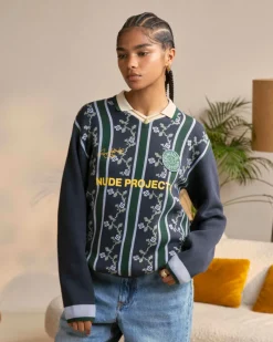 Nude Project Rosel Football Polo Knit Navy Outlet