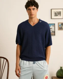 Nude Project Structure Knit Polo Navy Fashion