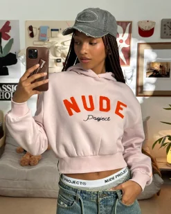 Nude Project Varsity Cropped Hoodie Pink Sale